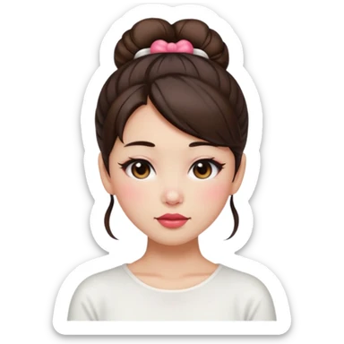 “japanese style Emoji brunette girl hair in bun white top, dewy skin, heavy blush across cheeks and nose bridge, glossy cherry lips, soft eyeliner, teary sparkling eyes sticker