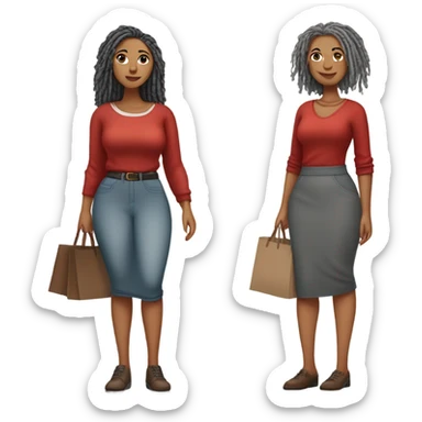 1st Curvy woman gray locs wearing pants  2nd curvy woman is brown with red locs in a knee-length skirt with a cozy sweater shopping sticker