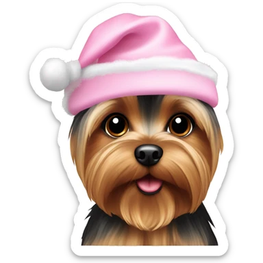 A yorkie wearing a baby pink christmas hat sticker