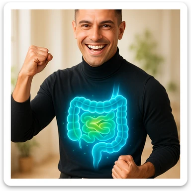 Create a semi-realistic, wellness-themed image of a healthy 30-year-old man inspired by the reference image. Show a glowing stylized visualization of a healthy intestine with a clean and vibrant gut. The man is in a dynamic pose. The background is a minimalistic clinic or natural setting with soft lighting, conveying an energetic and positive mood. sticker