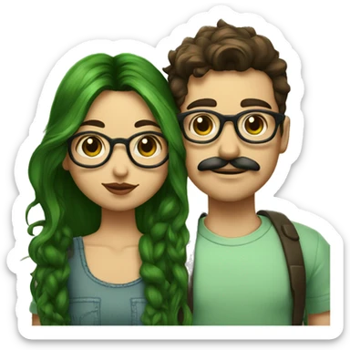 A heavy set boy with brown hair and a mustache is kissing a green haired girl who is thin and wearing glasses both have tattoos sticker