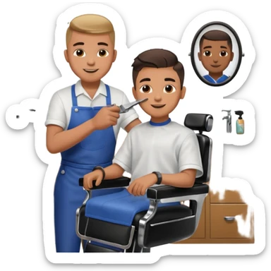 Barber cutting teenage boys hair. Show the boy sat in black barber chair and both having smiles on their faces sticker