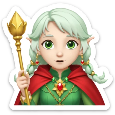 an elf with very white hair and two  pigtails on the side of her head, she has a curtain bang, green eyes, she has a white cape with golden borders and a scepter with a red orb, she has earrings that look like red drops sticker