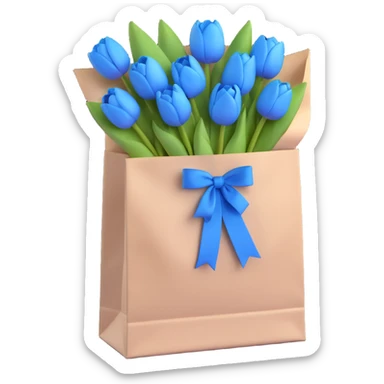 a white paper bag filled with pastel blue tulips, tied with a blue ribbon, soft blue pastel colors, smooth shadows, simple and minimalistic, 3D iOS emoji style sticker