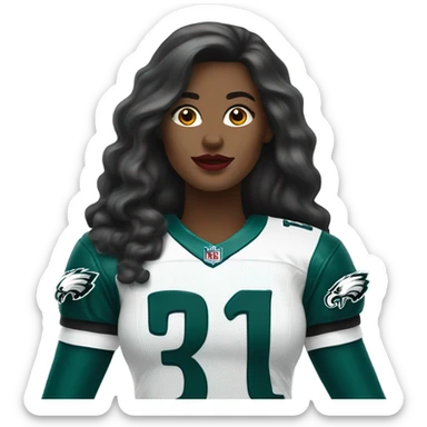 White female long dark hair red lips wearing Philadelphia Eagles jersey sticker