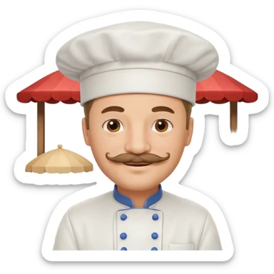 Est-ce que tu peux me faire un chef cuistot qui ressemble à Philippe Etchebest et qui est devant un restaurant? Est-ce que tu peux le faire souriant, avec une moustache de cuistot? 
 sticker