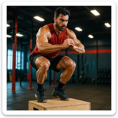 realistic 4K image of a CrossFit athlete training, box jump exercise, muscles in tension, intense lighting, vivid colors, modern gym background, energetic atmosphere sticker