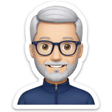 Smiling man with light skin, short black hair, gray beard, black glasses, wearing a navy blue athletic zip-neck long sleeve shirt sticker
