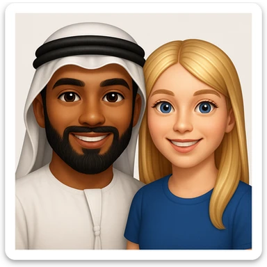 Сгенерируй мне в стиле детализированного емодзи пару, где мужчина с черной бородой и в арабском одеянии и чуть со смуглой кожей, а девушка чистая славянка, блондинка  sticker
