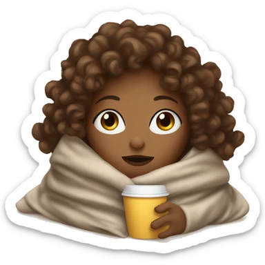 brown curly haired girl inside a blanket sipping coffee eyes closed sticker