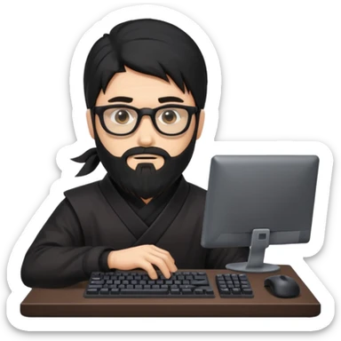 Man with black hair and beard wearing glasses in a ninja costume. Keep the top left version, make the beard longer and add a computer keyboard  sticker