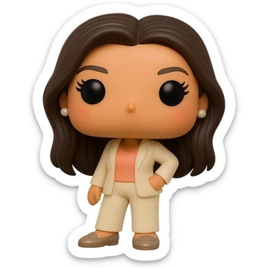 Eva Longoria as a Funko Pop style vinyl figure with superior quality, luminous smooth tanned skin, detailed dark hair, textured cream blazer, peach top, cream bottoms, small pearly earrings, greige leather loafers clearly visible, cool pose, rosy cheeks, very discreet freckles, eyelashes, mischievous and cheerful expression, no mouth, transparent background. sticker