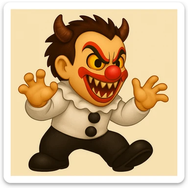 Change the child demonic clown's clothes to be mostly black and white. Adjust the body position so he is scaring someone, with a menacing pose, in emoji art style. Keep the detailed textures and character spirit. sticker