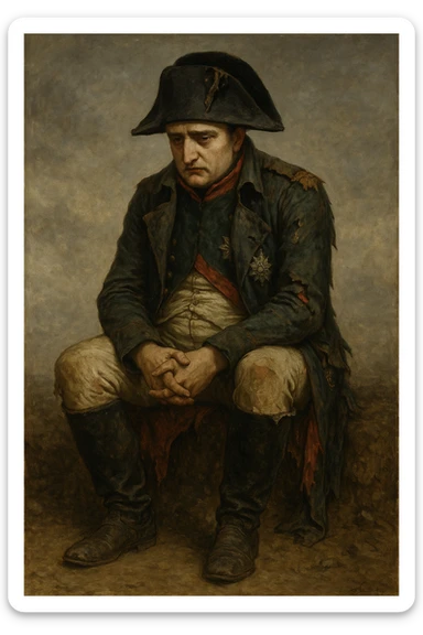 Сгенерируй мне этого наполеона, он в чуть-чуть рваной одежде, сидит и грустит. Он полностью помещается в кадр и не обрезается краями изображения. Сидит он на земле sticker