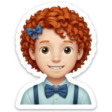 redhead kid with unique face features and very curly hair kid boy happy and braces on teeth, wearing a bow on head on hair just one bow sticker