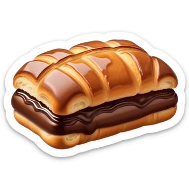 Cinematic warm pain au chocolat, flaky golden-brown pastry with a rich chocolate filling peeking through, perfectly crisp exterior, soft glowing highlights, inviting and indulgent. sticker
