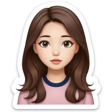 “korean straight brown hair Emoji girl, soft eyeliner and blush, gradient lips, light brown shimmer eyeshadow, long wavy hair,  sticker