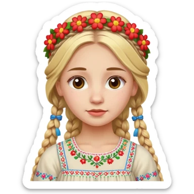 Slavic girl with a long blonde braid, wearing a traditional embroidered dress and a colorful flower crown, apple style emoji sticker