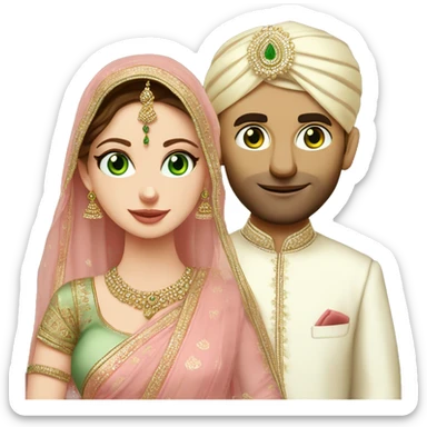 green eyed pale skin bride in a light pink saree without veil with tall indian groom in kurta without turban sticker