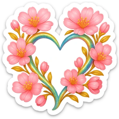 Make the sakura petals huge, keeping the gold, silver, and rainbow shimmer details on the heart entwined with sakura branches. The style should resemble apple emoji style with no background. sticker