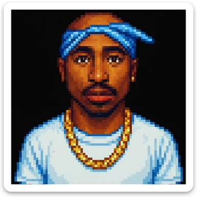 2Pac in the style of pixel art, front view, with a gold chain sticker