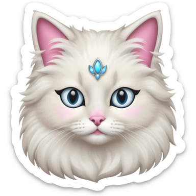 Neva masquerade cat, very fluffy, gray and white, with pale blue eyes and pink nose sticker