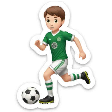 Celtic footballer jersey logo  6 years old brown hair white boy , stripes uniform , RUNNING  with soccer ball # 17 celtic football logo PUT ONLY ONE LOGO sticker