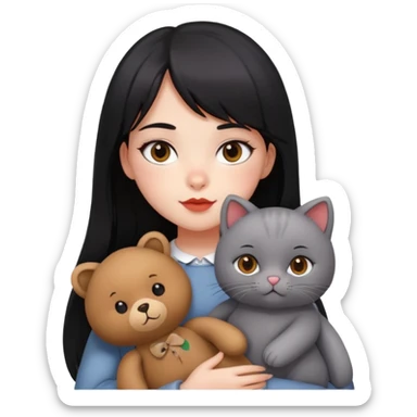girl,drak eyes, red cheeks, black long hair with a bang, white face, holding a British gray cat and a brown teddy bear sticker