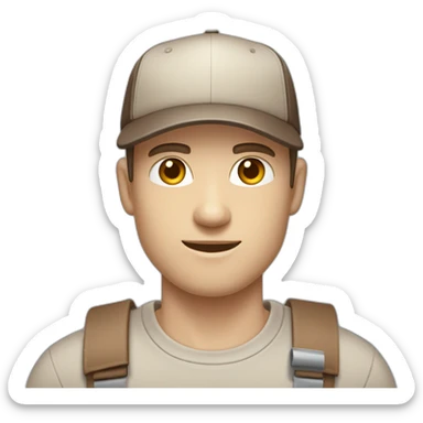 Pale skinned fit Man with dark brown hair in a beige cap, gray jeans and brown polo T-shirt keeping a pasted with tape white box into his hands sticker