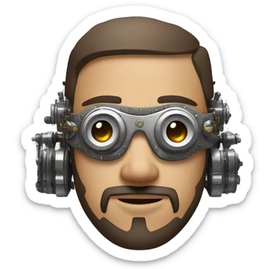 male cyborg head with brown short hair, brown beard, silver steampunk goggles and circuitry sticker