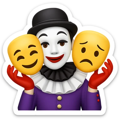 Edit the mime image to have two masks that are expressive: one mask smiling and the other frowning. Keep the classic mime outfit and white face paint. The style should resemble emoji style. Remove the background. sticker