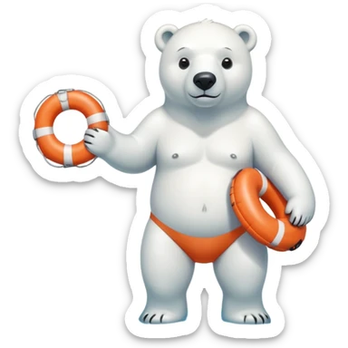 full body friendly anthropomorphised polar bear wearing swim shorts and swim goggles, standing in water, holding a life buoy sticker