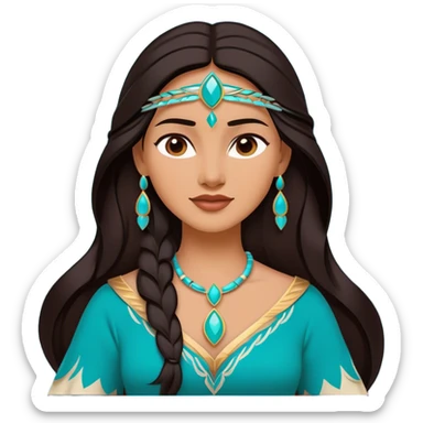 Cinematic Majestic Pocahontas Portrait Emoji, rendered in a clean, vector-style with bold shapes. Show Pocahontas with a serene, noble expression, radiant sun-kissed skin, and elegantly flowing dark hair, dressed in traditional garments with subtle turquoise accents. The design radiates a majestic, natural glow, high shine, and a soft glowing outline, capturing her regal beauty. sticker