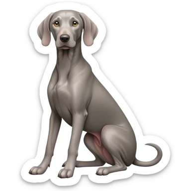 cinematic-[weimaraner-realistic-full-body-sitting-emoji,-tail-resting-loosely-beside-its-paws,-head-tilted-dramatically, -sleek-[grey]-fur,-simplified-yet-realistic-focused-features,-highly-detailed,-glowing-with-an-almost-sarcastic-glow sticker