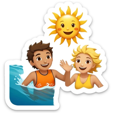 Two friends, as sea explorers, splash each other in the ocean, laughing as their eyes lock in pure joy and appreciation. The sun glistens on the water, highlighting their deep connection and the simple happiness of the moment.  sticker
