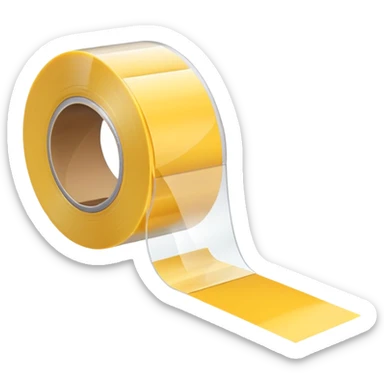 small roll of clear adhesive tape with glossy finish on simple white plastic dispenser with curved cutting edge, roll partially used with strip slightly lifted and curved, no box or extras, apple emoji style, soft lighting, subtle shadows, transparent background, emoji scale sticker