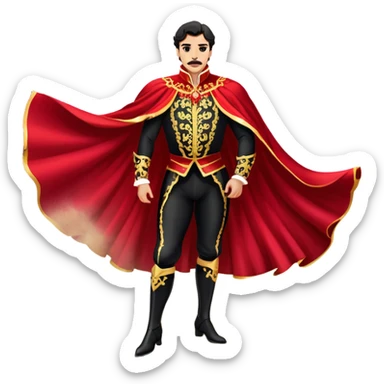 Spanish Matador – Cinematic Realistic Spanish Matador, portrayed in an ornate traje de luces with a flowing red cape, standing poised in a classic bullring with swirling dust and dramatic light, his intense expression and elegant stance capturing both bravery and artistry. sticker