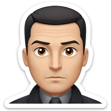 Robust athletic man in his 40s with light brown skin tone, short slicked back straight black hair with fade haircut, strong square face, thick eyebrows, wide nose, black overcoat with buttoned gray shirt visible underneath sticker