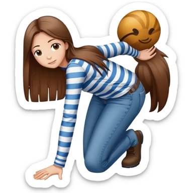 girl with long straight hair in jeans and striped shirt kneeling on the ground seen from behind sticker