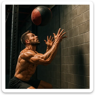 realistic 4K image of a crossfit athlete training wall ball exercise, tense muscles, medicine ball in the air, dramatic lighting, bright colors, industrial gym background sticker