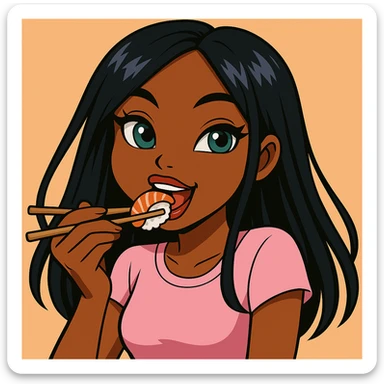Change her pose to eating sushi with chopsticks, headshot only, 20-year-old anime Bratz style woman with dark skin, straight hair, trendy outfit, big expressive eyes, glossy lips, no hat, no tears, happy expression, both eyes open, looking straight ahead. sticker