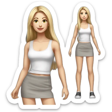 caucasian woman, with long straight hair, blonde hair, brown eyes, white tank top, gray tight mini skirt, black shoes, full body, hyperrealist drawing sticker