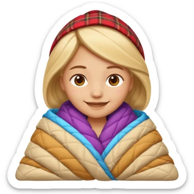 Create an iOS‑style emoji of a girl wrapped in a thick quilted blanket, smiling calmingly with a relaxed, cozy cabin vibe and soft lighting. sticker