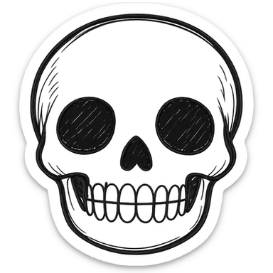 Make the skeleton head look more realistic using only black lines, no color, no shading. Keep it friendly and not scary, front view. sticker