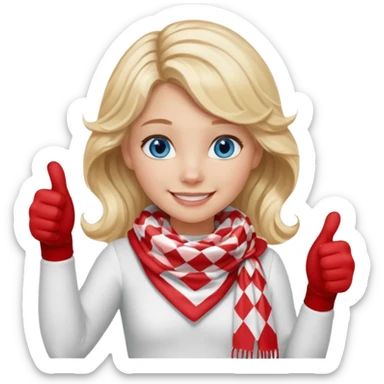 Blonde Girl, Blue Eyes, wavy hair, smiling, thumbs up, wearing red Checkered Triangle scarf, white dress sticker
