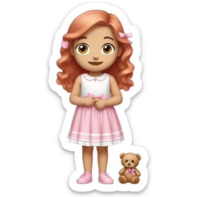 Little Girl with White skin, blue eyes. Light brown and red hair with pink bows.  She is wearing a pink and White dress, standing and holding on to a teddybear with a pink bows. sticker