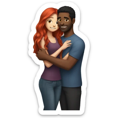 A girl with long red hair hugs a black-haired guy sticker