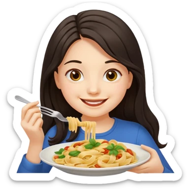 chica joven con piel clara y pelo oscuro largo comiendo un plato de pasta que parezca un emoji de iphone (sistema ios) sticker