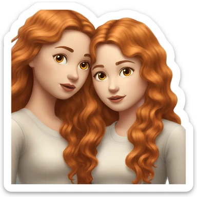 serene two white girls. one has wavy brunette hair and the other has natural soft orange hair delicate fringe. standing together kissing in gentle light. calm and content. hyper-realistic soft textures fine details glow on skin sticker