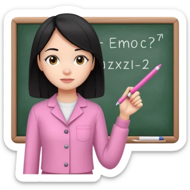 a girl with black straight like hair wearing pink not hot pink 2 piece set teaching up on a board sticker